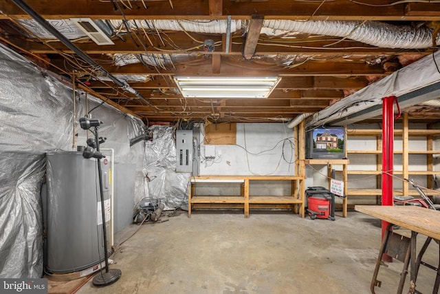 basement with electric panel and water heater