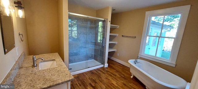 bathroom featuring vanity, shower with separate bathtub, and hardwood / wood-style floors