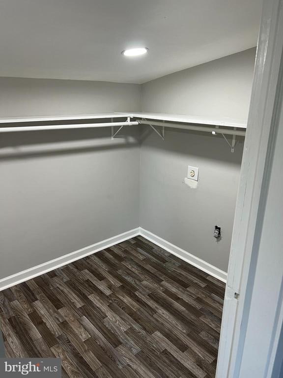 walk in closet with dark hardwood / wood-style flooring