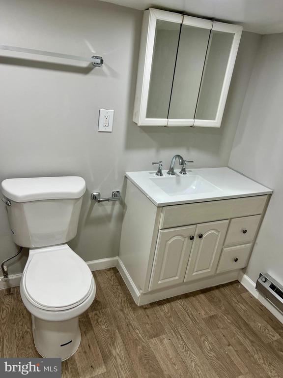 bathroom with wood-type flooring, toilet, and vanity