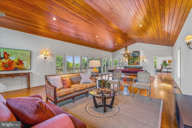 living room with wood ceiling, light wood-type flooring, lofted ceiling, and a chandelier