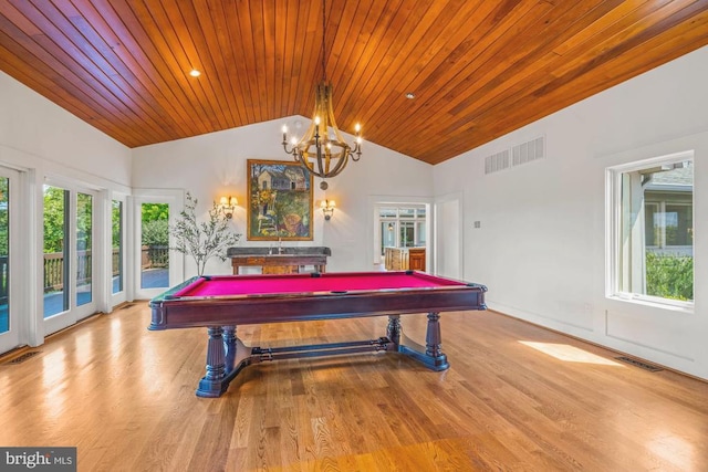 recreation room featuring light hardwood / wood-style floors, wood ceiling, and pool table