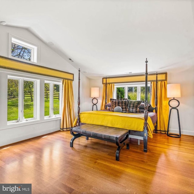 bedroom featuring multiple windows, vaulted ceiling, and light hardwood / wood-style flooring