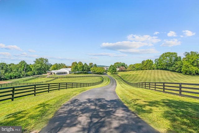 exterior space featuring a rural view and a lawn