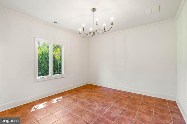 unfurnished room with crown molding, a chandelier, and tile patterned flooring