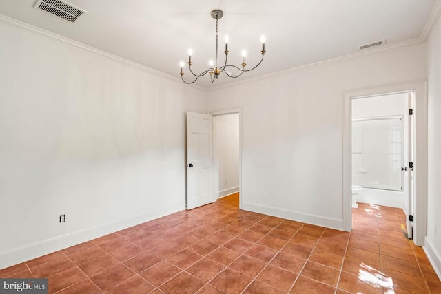 empty room with ornamental molding, an inviting chandelier, and tile patterned floors