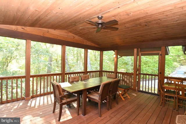 sunroom / solarium featuring wooden ceiling, lofted ceiling, ceiling fan, and plenty of natural light