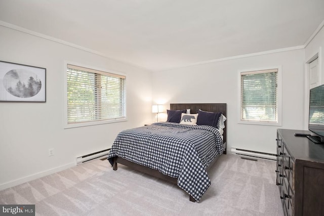 carpeted bedroom featuring multiple windows, crown molding, and a baseboard heating unit