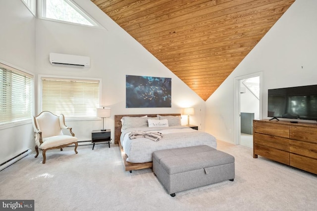 carpeted bedroom with multiple windows, wood ceiling, an AC wall unit, and high vaulted ceiling