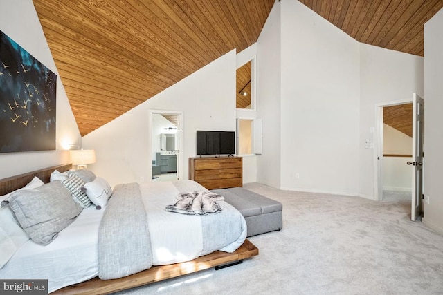 carpeted bedroom with high vaulted ceiling and wooden ceiling