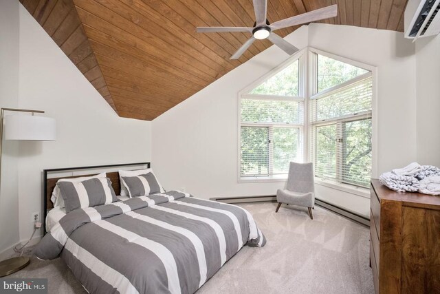 bedroom featuring wooden ceiling, ceiling fan, light carpet, and a wall mounted air conditioner