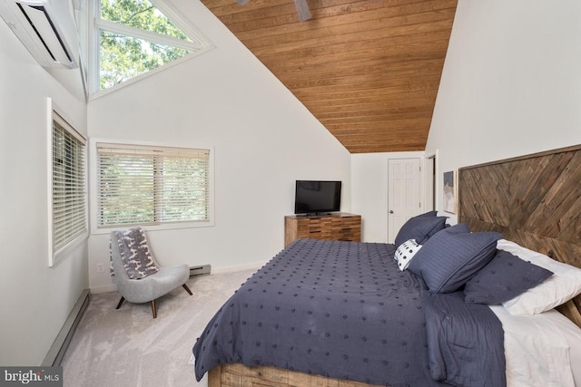 bedroom with a wall mounted air conditioner, wooden ceiling, carpet floors, a baseboard radiator, and vaulted ceiling