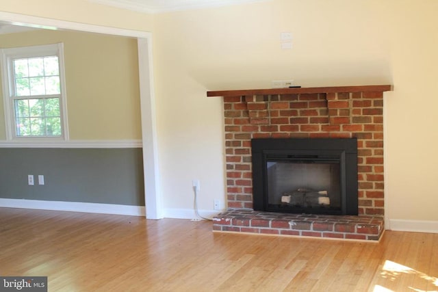 interior details featuring wood-type flooring, a fireplace, and ornamental molding