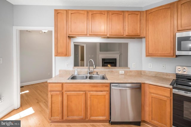 kitchen with appliances with stainless steel finishes, sink, and light hardwood / wood-style floors