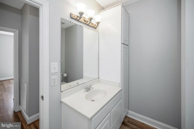 bathroom with hardwood / wood-style floors and vanity