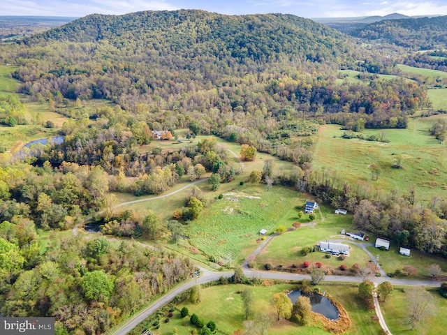 bird's eye view with a water and mountain view