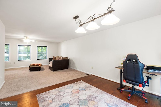 office featuring ceiling fan and dark hardwood / wood-style flooring