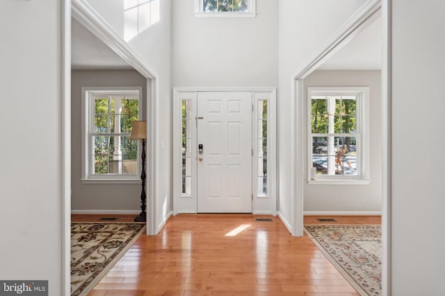 entryway featuring light hardwood / wood-style floors, a wealth of natural light, and a high ceiling