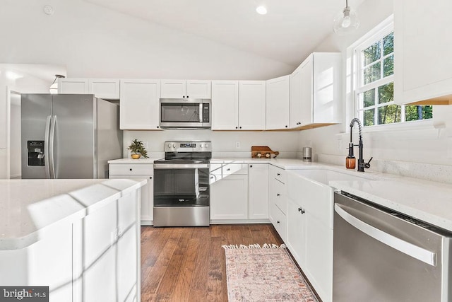 kitchen featuring lofted ceiling, appliances with stainless steel finishes, white cabinetry, and dark hardwood / wood-style flooring