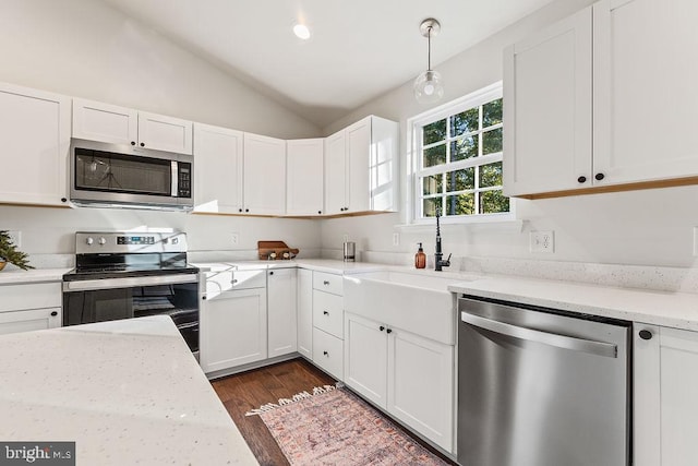 kitchen with lofted ceiling, dark hardwood / wood-style floors, hanging light fixtures, white cabinetry, and appliances with stainless steel finishes