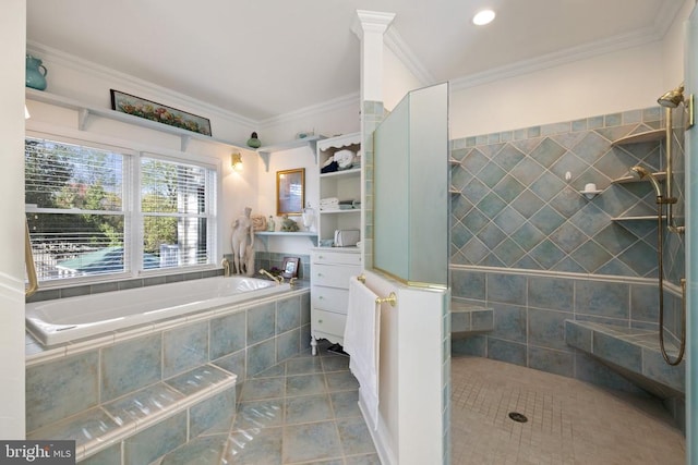 bathroom featuring vanity, tile patterned floors, ornamental molding, and plus walk in shower