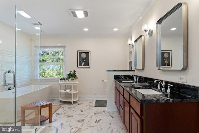 bathroom featuring vanity, crown molding, and plus walk in shower