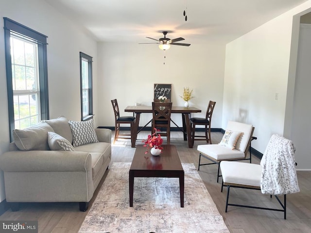 living room with ceiling fan and light hardwood / wood-style flooring