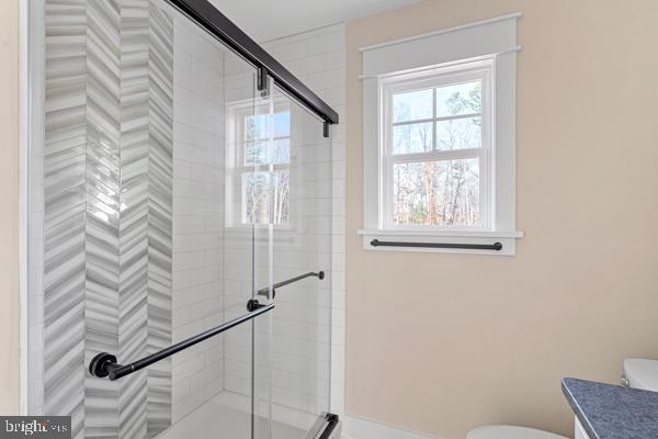 bathroom with vanity, toilet, and an enclosed shower