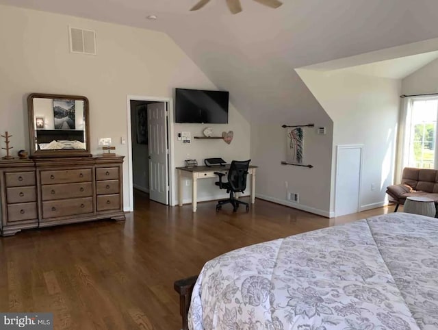 bedroom with dark hardwood / wood-style floors, vaulted ceiling, and ceiling fan