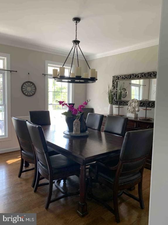 dining area featuring crown molding, a notable chandelier, and wood-type flooring