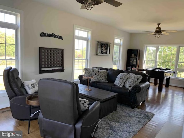 living room featuring hardwood / wood-style floors and ceiling fan