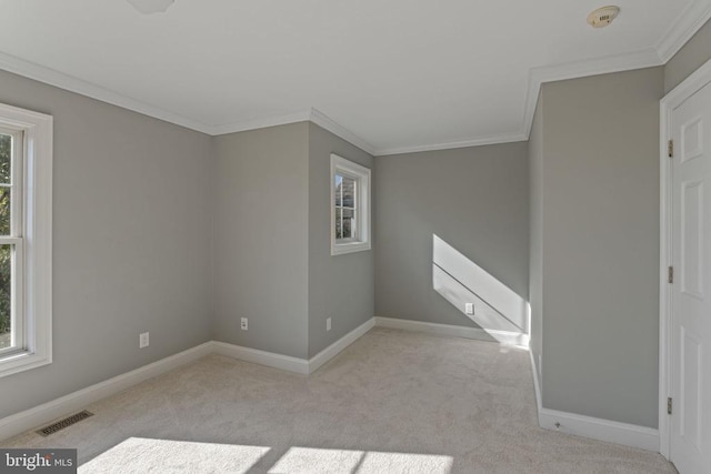 spare room featuring light carpet, a wealth of natural light, and crown molding