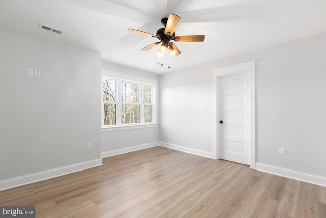 empty room featuring ceiling fan and light hardwood / wood-style flooring