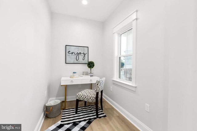 office area with recessed lighting, wood finished floors, and baseboards