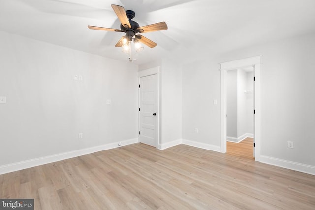 empty room with ceiling fan and light hardwood / wood-style floors