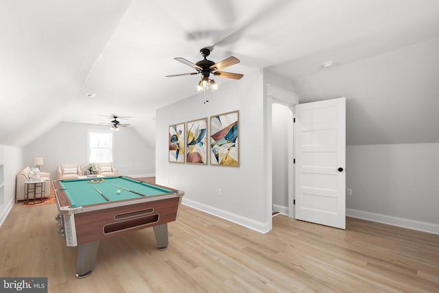 playroom featuring ceiling fan, light hardwood / wood-style floors, lofted ceiling, and pool table