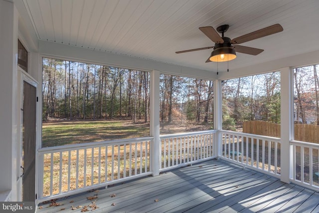 unfurnished sunroom featuring plenty of natural light and ceiling fan