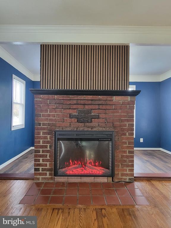 details with hardwood / wood-style floors, ornamental molding, and a fireplace