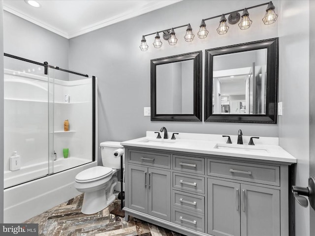 full bathroom with toilet, combined bath / shower with glass door, vanity, and crown molding