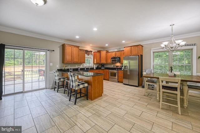 kitchen with a wealth of natural light, hanging light fixtures, appliances with stainless steel finishes, and a chandelier