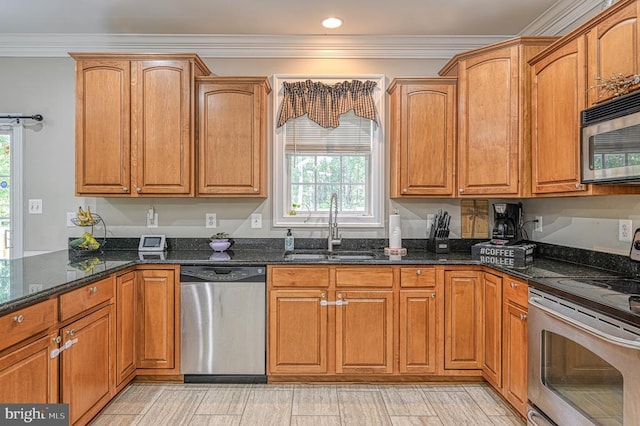 kitchen featuring stainless steel appliances, plenty of natural light, dark stone counters, and sink