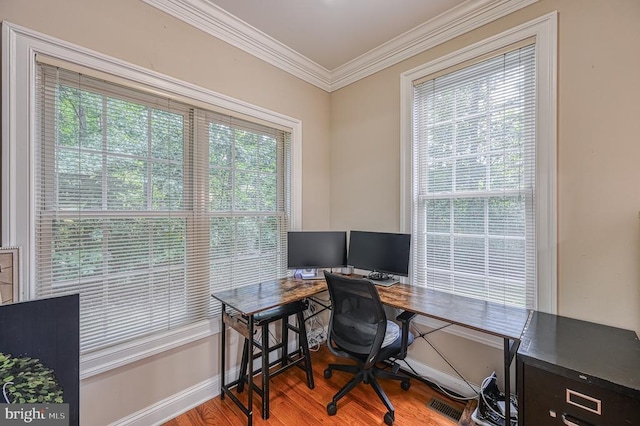 office featuring hardwood / wood-style floors and ornamental molding