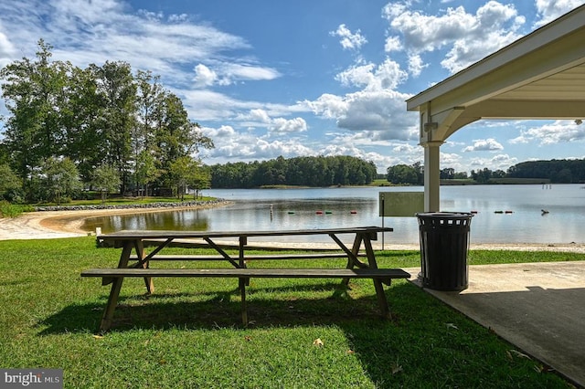 surrounding community with a lawn and a water view