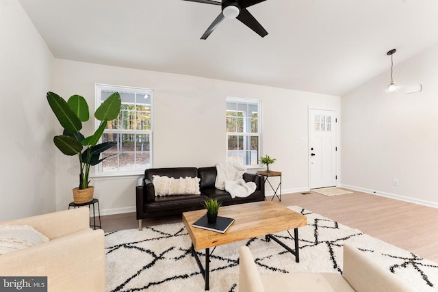 living room featuring ceiling fan, light hardwood / wood-style flooring, and vaulted ceiling