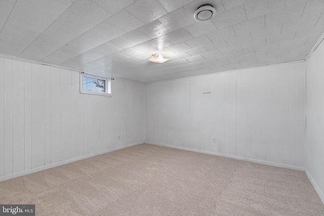 basement with light colored carpet