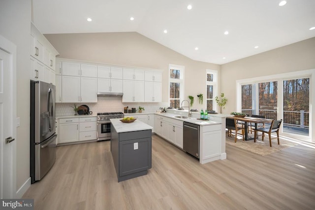 kitchen with white cabinets, light hardwood / wood-style flooring, appliances with stainless steel finishes, a kitchen island, and kitchen peninsula