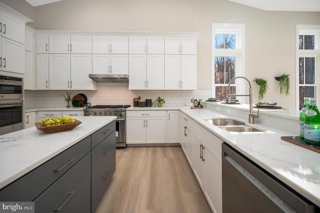 kitchen featuring stainless steel appliances, white cabinetry, tasteful backsplash, and sink