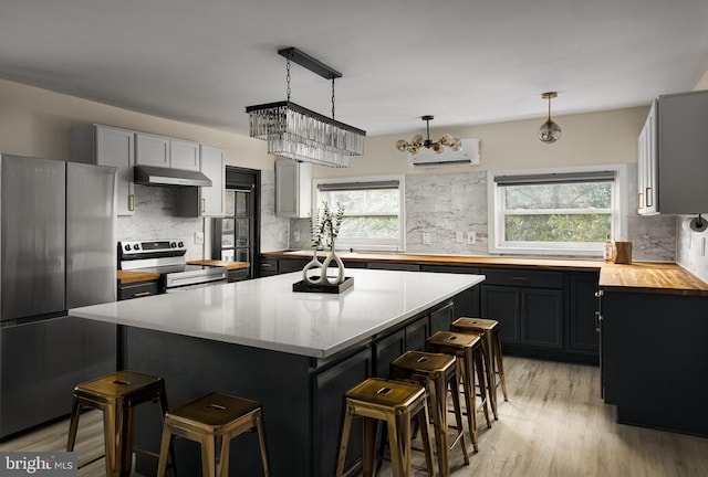 kitchen with backsplash, a center island, stainless steel appliances, and light hardwood / wood-style floors