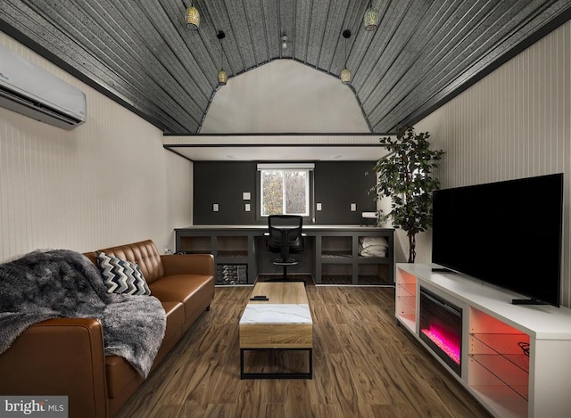 living room featuring dark hardwood / wood-style flooring, wooden ceiling, a wall unit AC, and vaulted ceiling