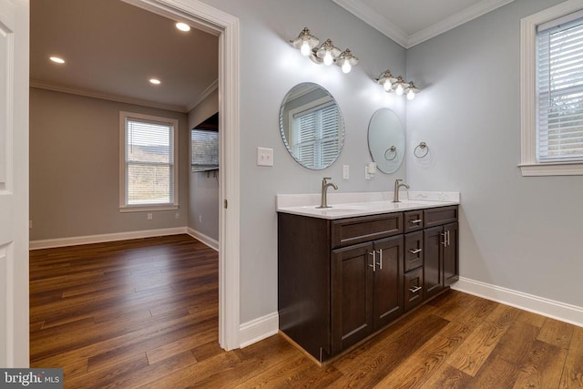 bathroom featuring vanity, hardwood / wood-style flooring, and ornamental molding